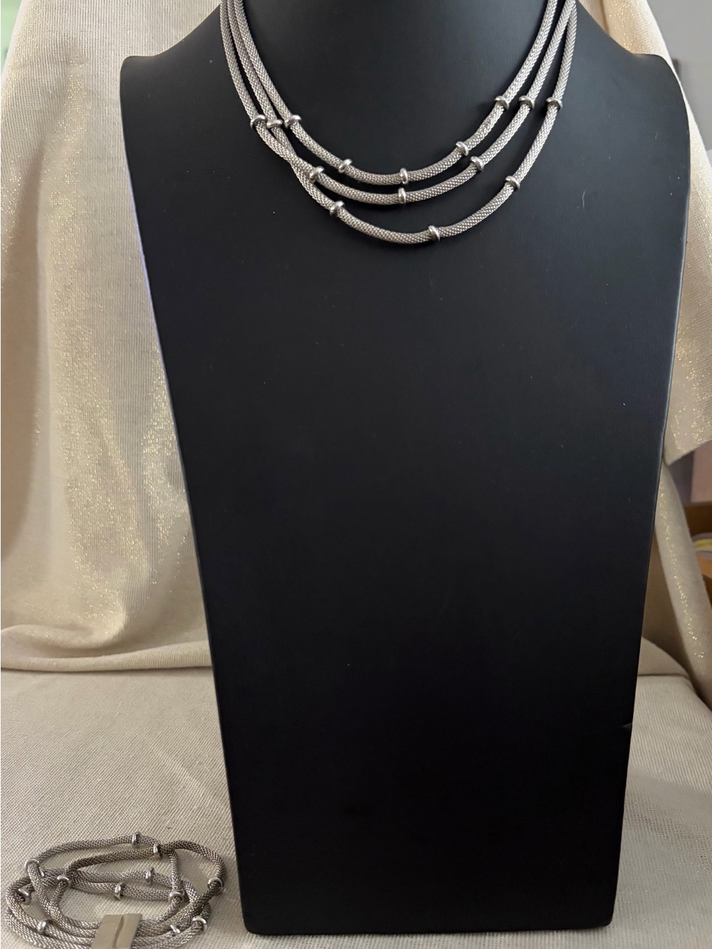 Vintage Anne Klein Three-Strand Silver Mesh Necklace - Elegant Layered